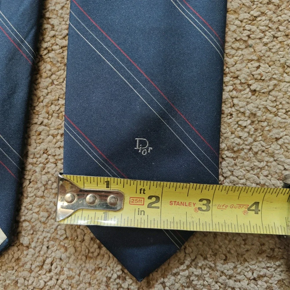 Christian Dior Mens Navy Blue Striped  Necktie Made in USA Logo Tie